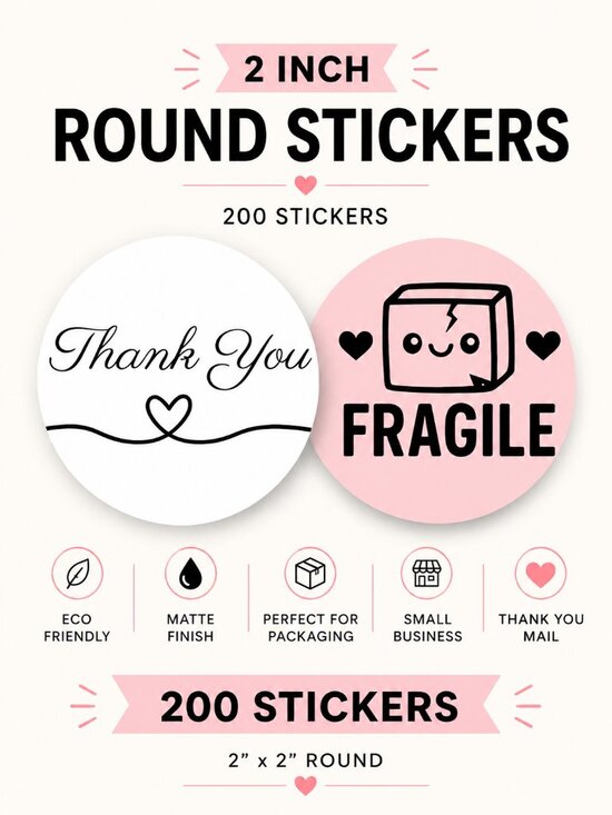 Handmade Other - 200 Pink White Thank You Fragile Sticker Bundle 2inch Round Weatherproof